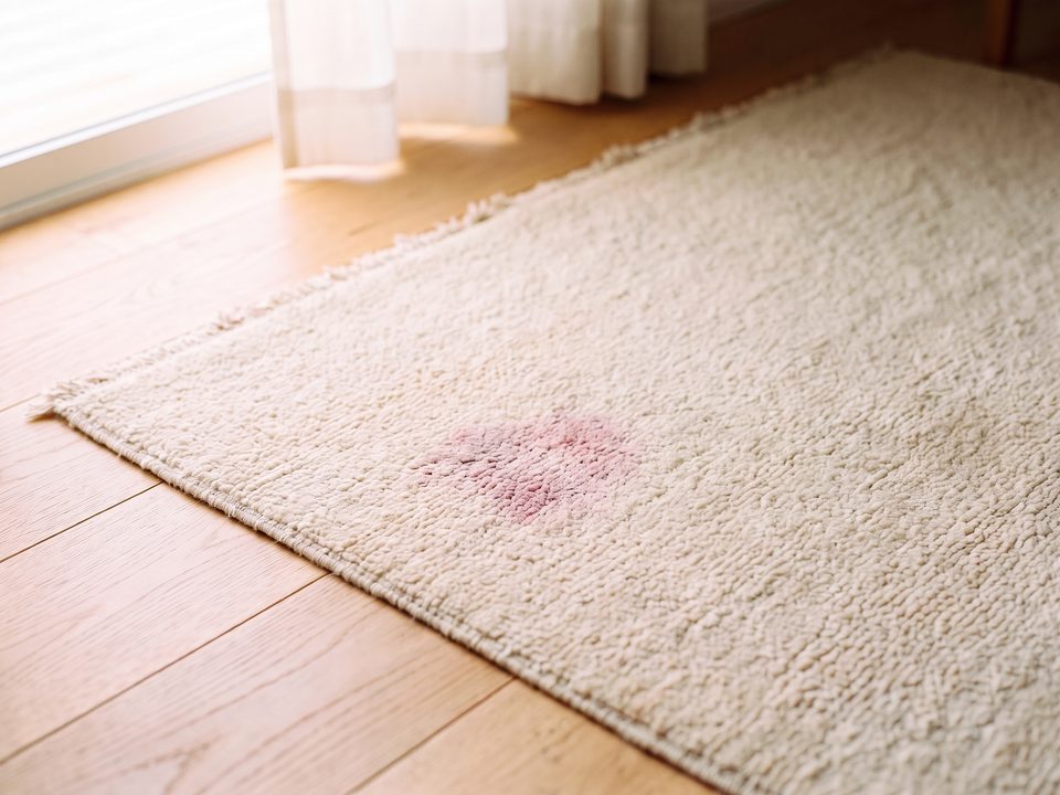 Red wine stain on the pile of an ivory hand-knotted wool rug