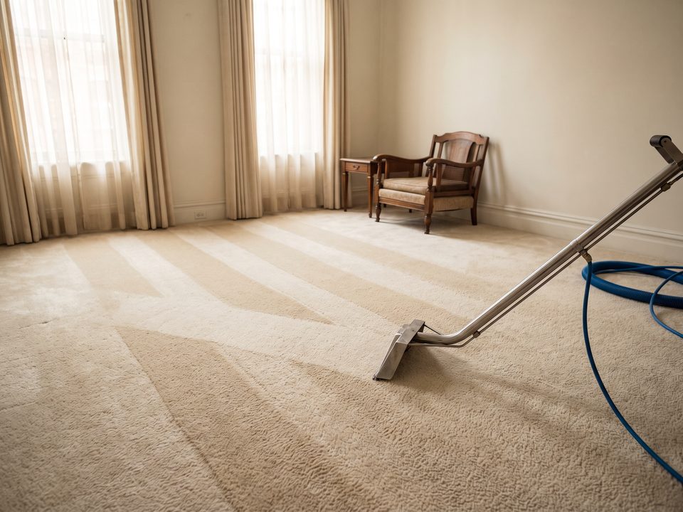 Carpet cleaning wand resting on cream wall-to-wall carpet in a bright Brooklyn brownstone room