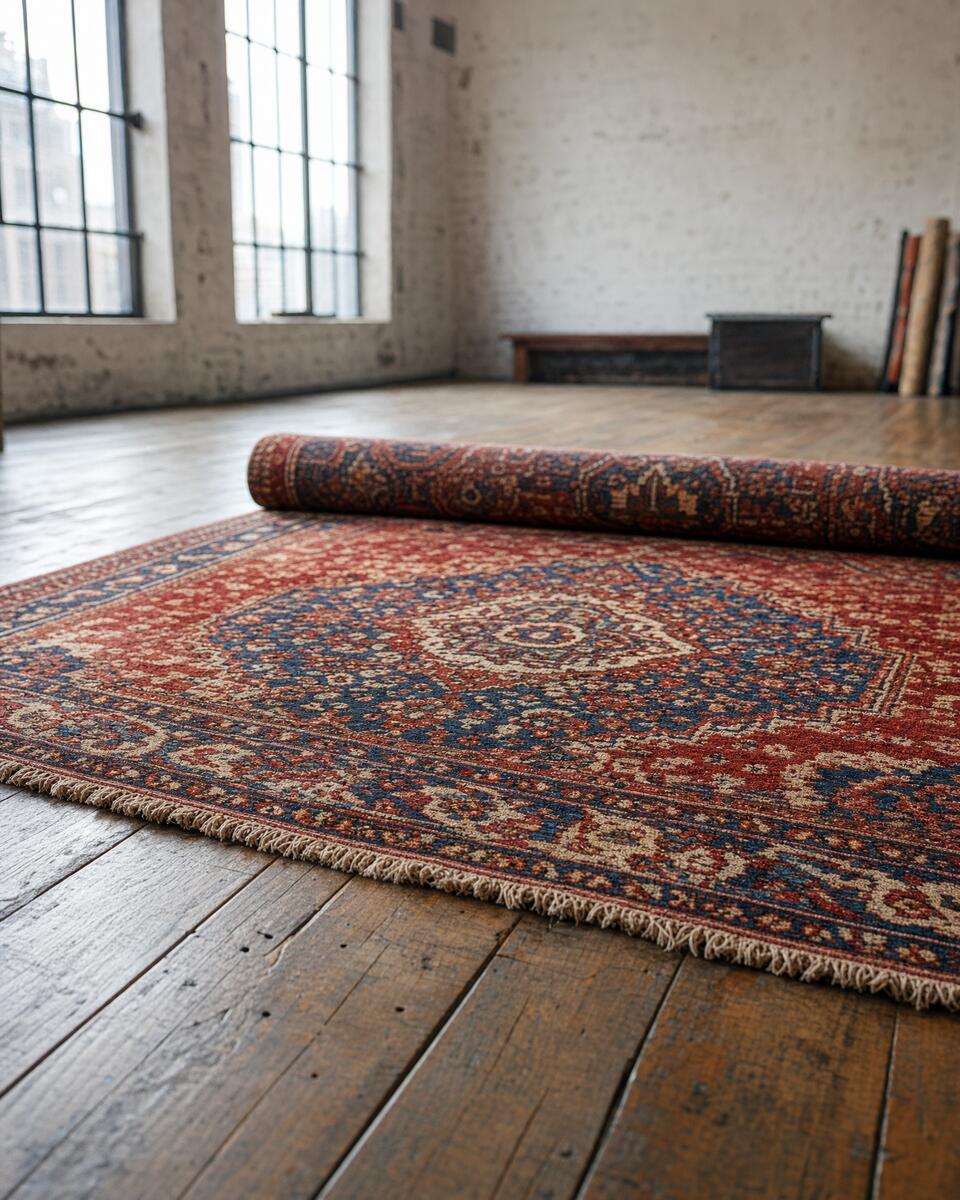 Antique Persian rug partly rolled on worn oak floorboards in a sunlit Brooklyn loft workshop