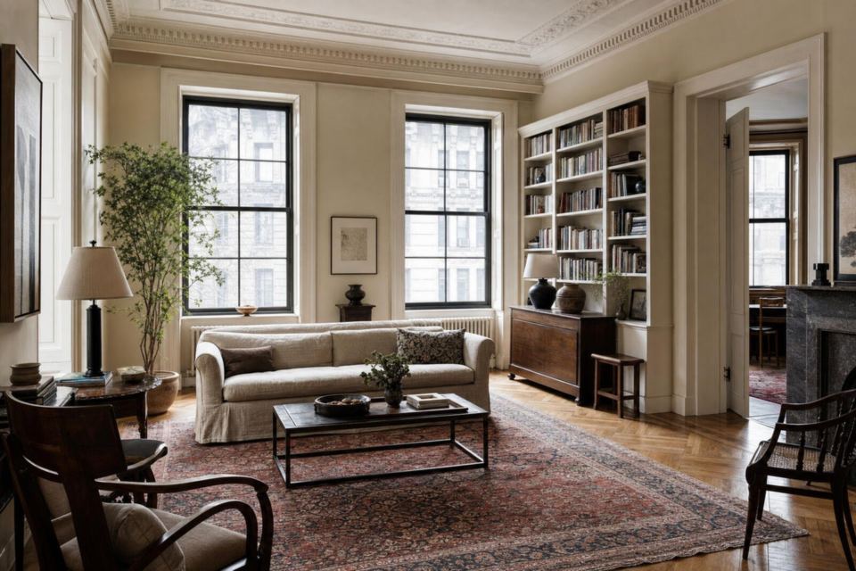 Antique Persian rug on herringbone parquet in a prewar New York apartment living room