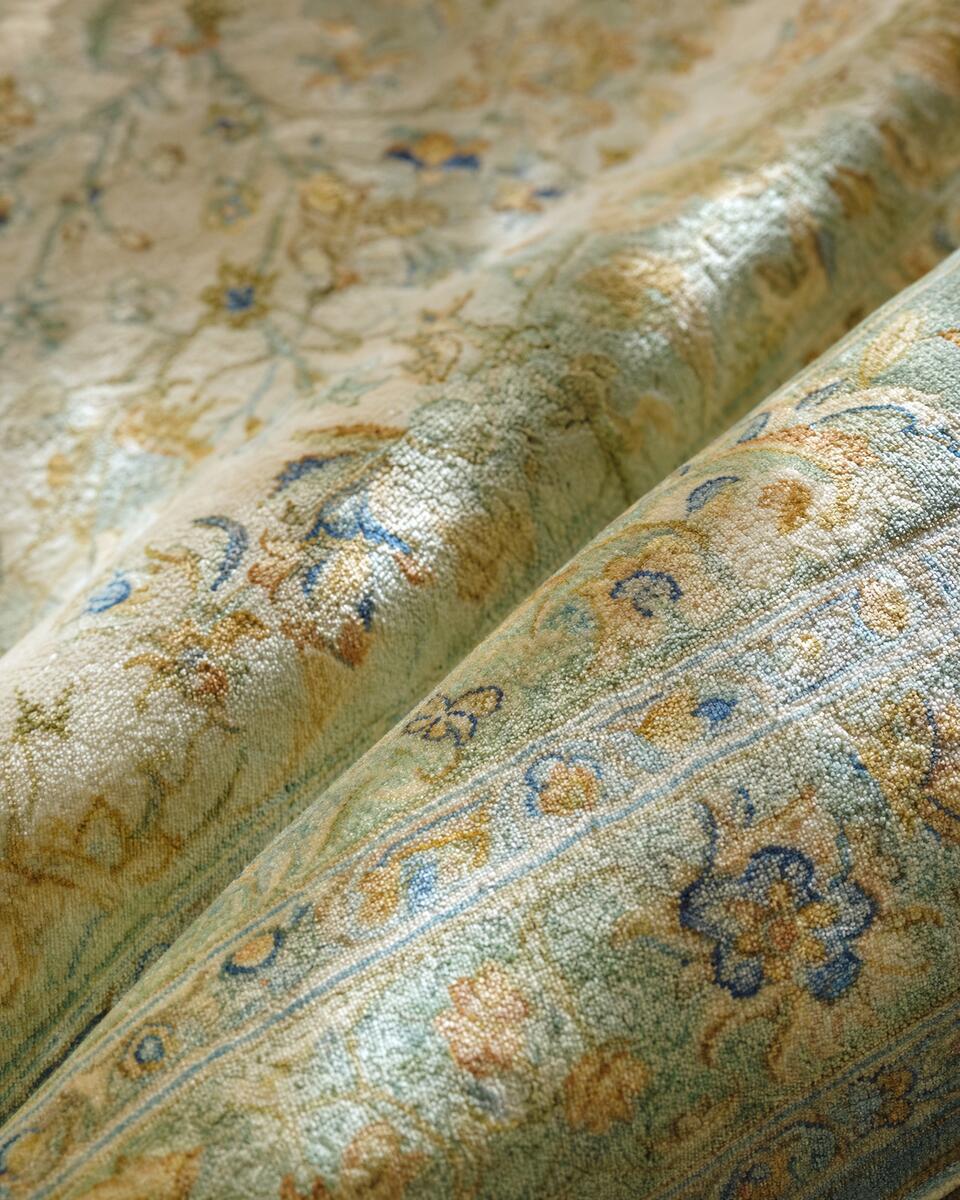 Close-up of a hand-knotted silk rug in ivory, celadon and gold, its pile catching the light