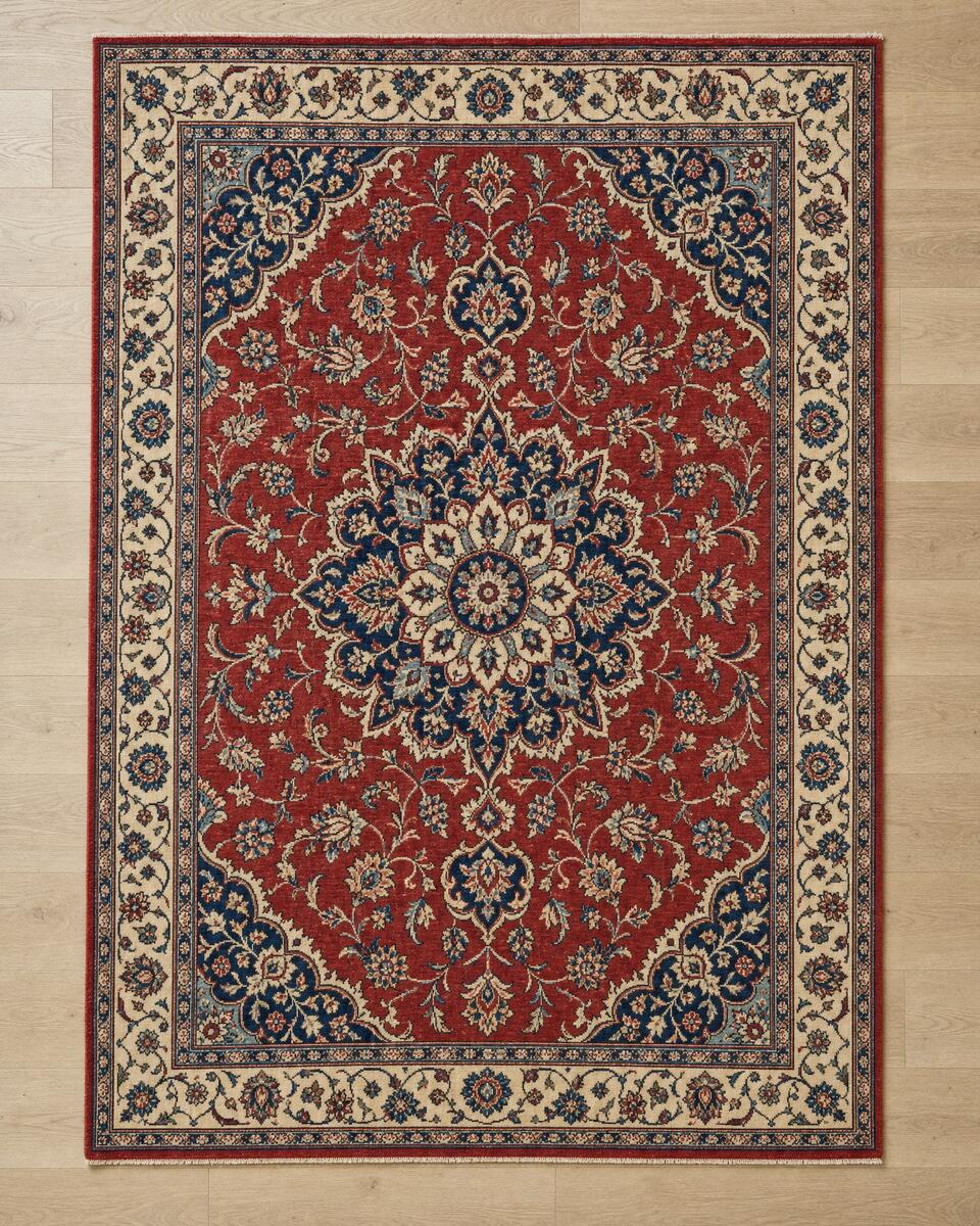 Top-down view of a Persian Tabriz rug medallion in madder red, indigo and ivory