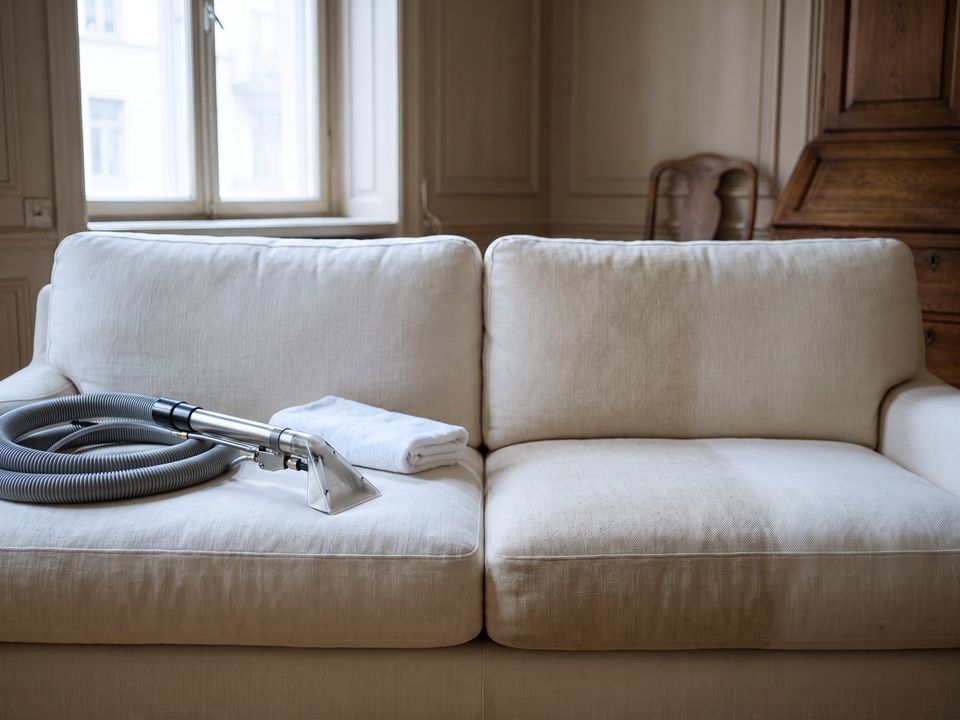 Upholstery cleaning tool resting on a cream linen sofa cushion in a bright New York apartment
